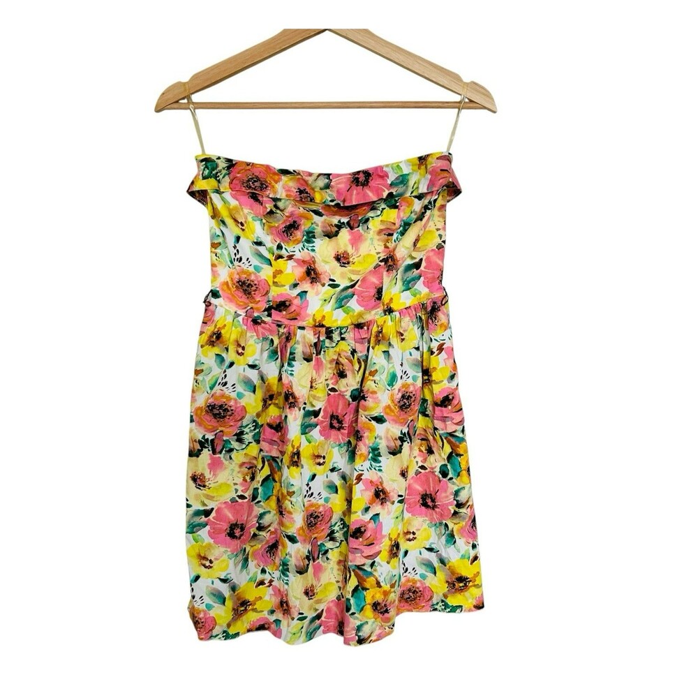 Ruby Rox Vintage Juniors Strapless Dress Water Color Floral Yellow Pink Size 3